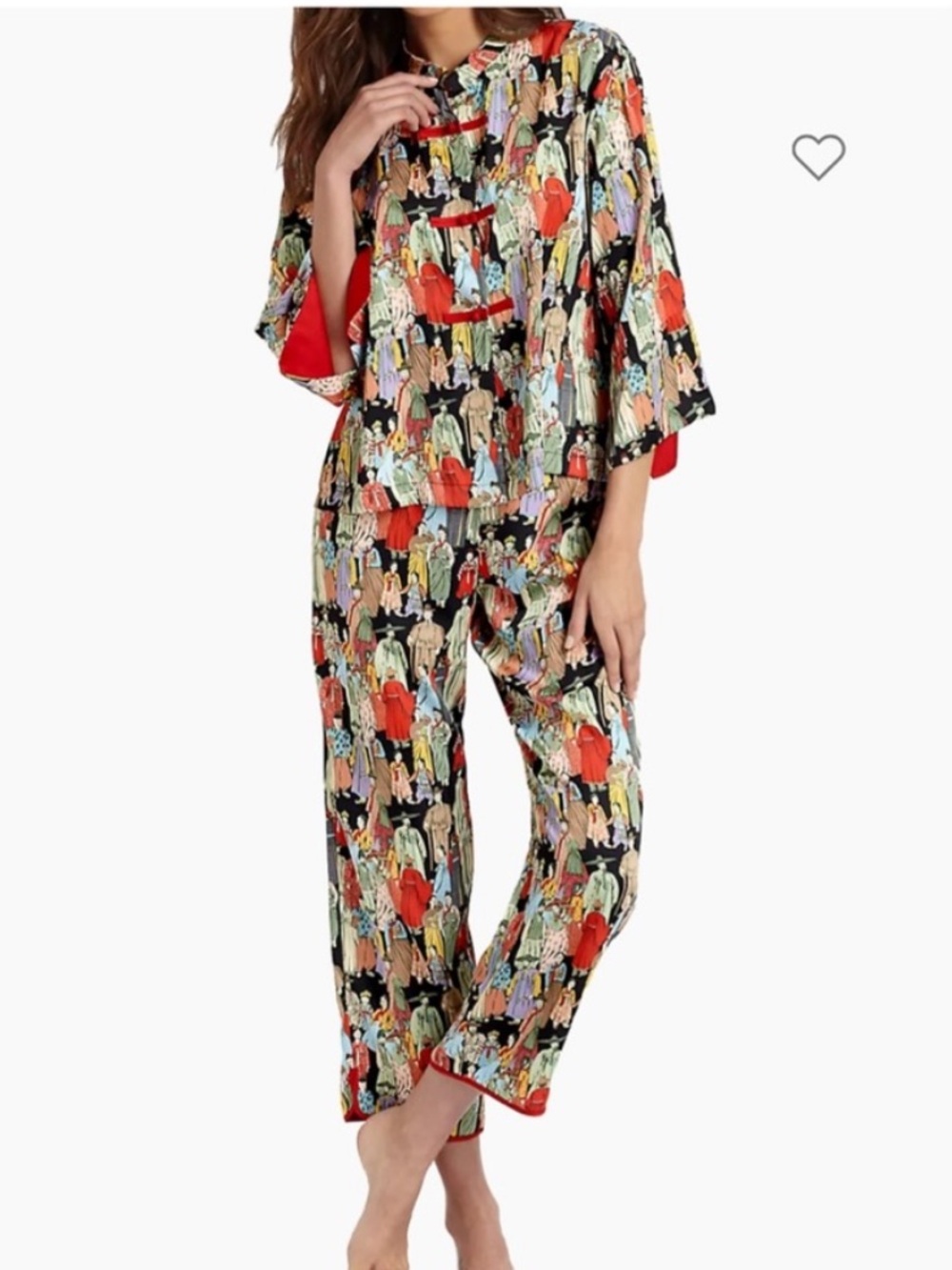 Natori Multicolor Printed Satin Pajama Set with Red Trim